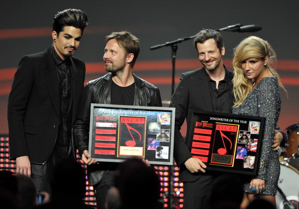 Adam Lambert, Max Martin, Lukasz "Dr Luke" Gottwald, and Ke$ha on stage at the 28th Annual ASCAP Pop Music Awards at the Grand Ballroom at Hollywood & Highland Center on April 27, 2011 in Hollywood, California.